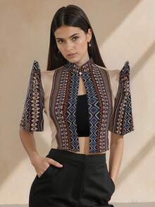 1pc Women's Fashion Translucent Patchwork Fabric Stand Collar Design Elegant Petal Sleeve Top - Champagne - View 5