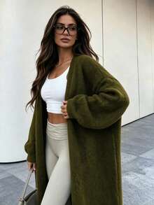 SEREN New Autumn/Winter Knit Cardigan, Loose Casual Buttonless Design, Long Sweater Jacket, Suitable For Urban Commuting And Outdoor Wear - Army Green - View 5