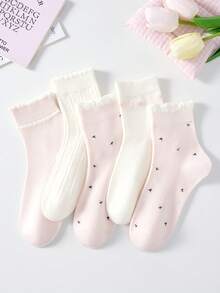4 Pairs Women's Cute Sweet Breathable Floral Striped Embossed Lace Pattern Mid-Calf Socks Ankle Socks Casual Comfortable Preppy Student Socks Pink Socks White Socks Fashionable Comfortable Random Color Suitable For Daily Wear Spring Summer Autumn Winter All Seasons - Multicolor - View 5