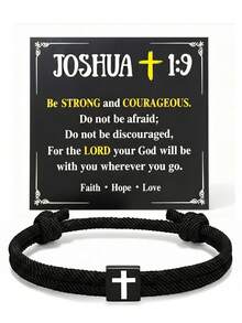 1pc Cross Bracelet For Women Men, Adjustable Braided Rope Cord Wristband, Christian Faith Religious Jewelry, Bible Verse Card, Baptism Birthday Gift - Black - View 9