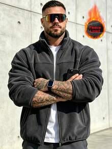 Men's Fleece Casual Solid Color Long Sleeve Jacket, Versatile For Autumn/Winter - Dark Grey - View 3
