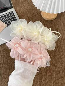 1/2PCS Elegant Mesh Flower Banana Clip Fashion Faux Pearl Ribbon Ponytail Hair Clip Versatile Hair Accessory For Women - Multicolor - View 9