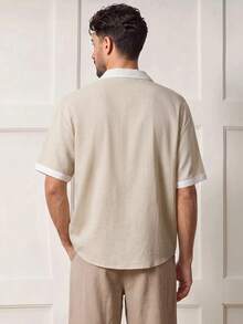 Voidago Blueprint Man 1 buah Kemeja Polo Pria, Kemeja Polo Tanpa Kancing dengan Kerah Kontras Warna Aprikot, Kain Linen Imitasi Bertekstur dan Nyaman - Aprikot - View 2