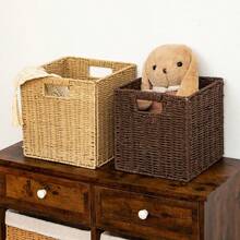 1pc Woven Storage Basket, Minimalist Country Style, High-Quality Handmade Faux Rattan Material, Built-In Side Handle Foldable Structure, Suitable For Home Adult Use, Bedroom Closet And Toy/Snack Storage - Multicolor - View 3
