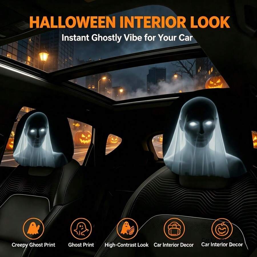 2pcs Halloween Scary Ghost Bride Car Headrest Covers, Thrilling Phantom Style Headrest Towels, Halloween Holiday Party Car Interior Decoration - Black - View 1