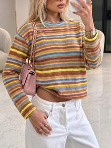 Colorful Striped Crew Neck Sweater, Winter Christmas Casual Long Sleeve Knit Pullover, Loose Cropped Jumper - Multicolor - View 5