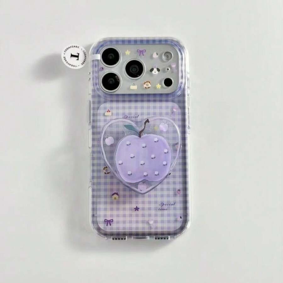 Plaid Cherry Cat + Cherry Stand Phone Case Compatible With IPhone 17 Apple 16 Pro Max 15 Full Coverage 14 New 13 Women - Purple - View 1