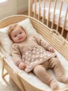 2pcs Infant Khaki Sweater Set: Round Neck Long Sleeve Heart Jacquard Sweater + Butterfly Decor Dress With Attached Tights, Sweet Newborn Outfit - Khaki - View 9