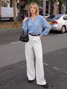 Women Fall Satin‑Like Blouse, Half‑Button V‑Neck Puff Long Sleeve Cuffed Casual Office Shirt - Baby Blue - View 3