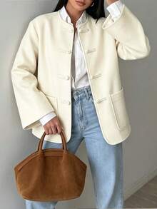 Women's Wool Blend Jacket, New Chinese Style Frog Button Cream White Loose Fit With Pockets, Elegant Elegant, Suitable For Commuting/Holiday/Office - White - View 6