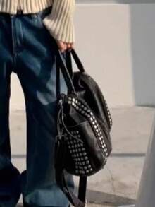 Silver Round Rivet Full Decor Stitching Plaid Patchwork Double Leather Handle Detachable Wide Strap Handheld Crossbody 2-In-1 Punk Motorcycle Style Women's Distressed Commute Streetwear Personalized Cool Handbag - Black - View 4
