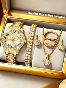 Gold-Tone Full Rhinestone Floral Dial Women's Quartz Watch Set, Rhinestone Bracelet, Necklace, Ring, Stud Earrings Fashion Jewelry Set, Suitable For Daily Commute, Party, Evening Wear, Valentine's Day, Mother's Day, Birthday Gift - Gold - View 1
