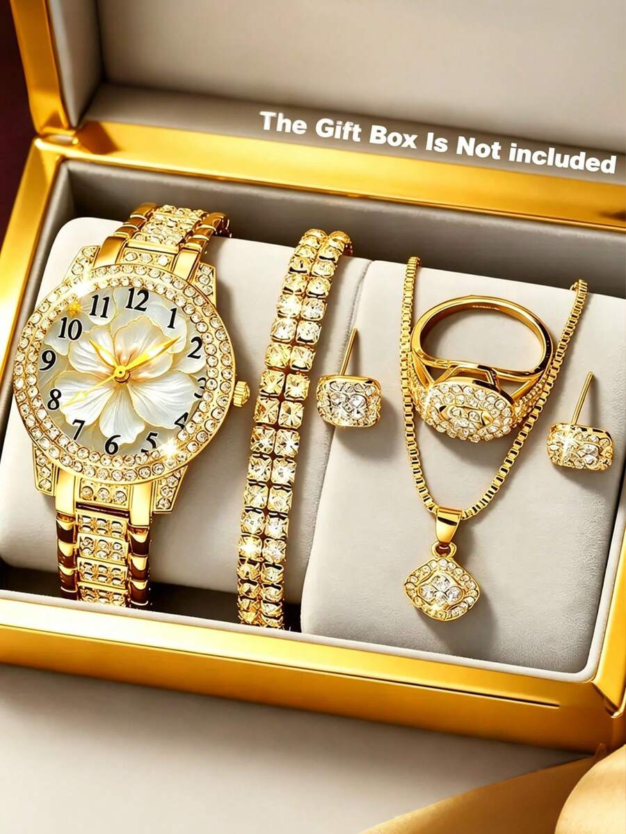 Gold-Tone Full Rhinestone Floral Dial Women's Quartz Watch Set, Rhinestone Bracelet, Necklace, Ring, Stud Earrings Fashion Jewelry Set, Suitable For Daily Commute, Party, Evening Wear, Valentine's Day, Mother's Day, Birthday Gift - Gold - View 1
