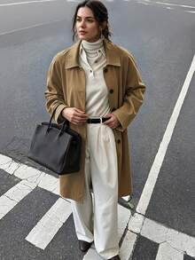Minimalist Twill Straight Wool Coat Women Pocket Midi Work Travel Fall Winter Fashion - Brown - View 1
