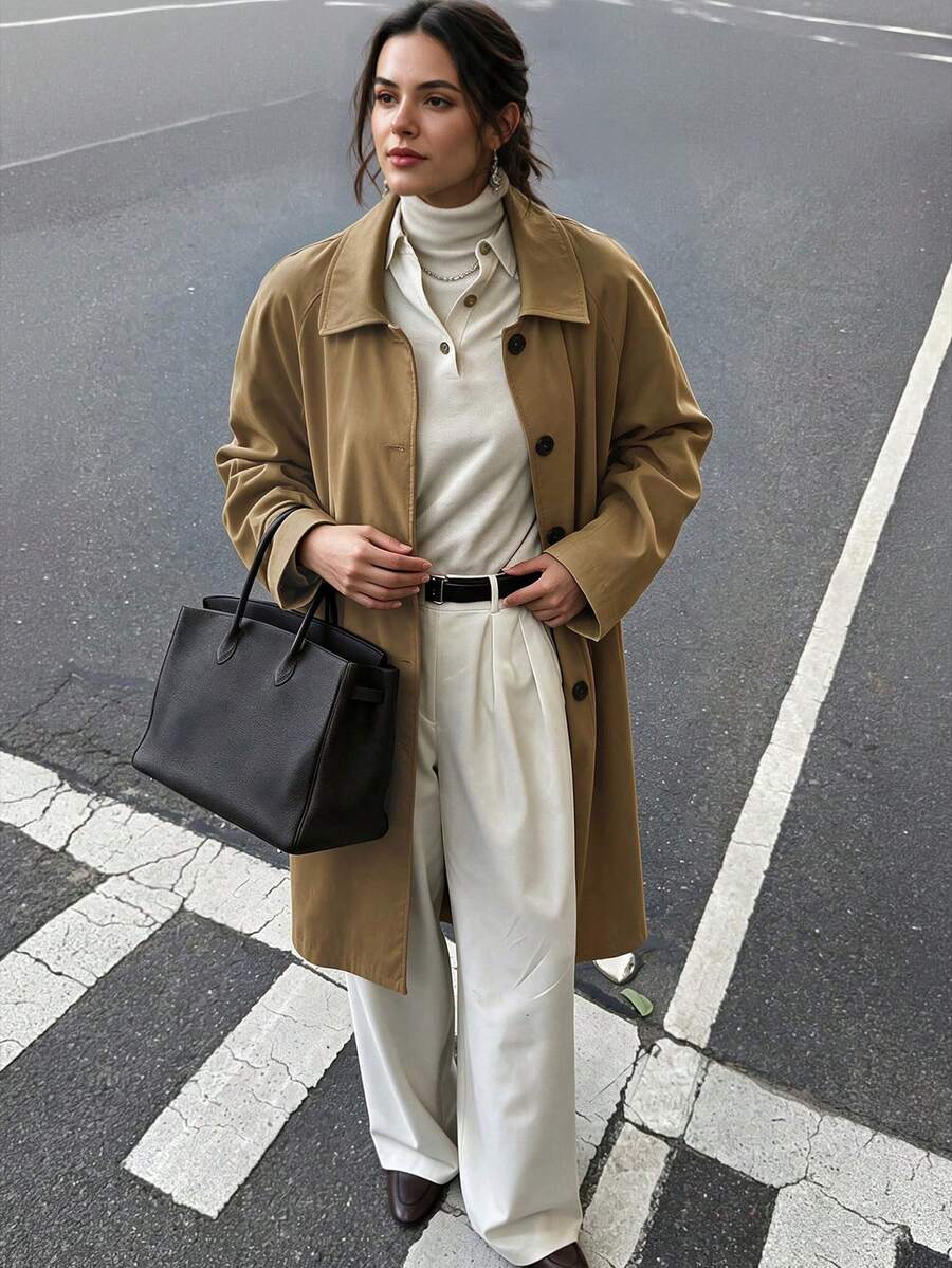 Minimalist Twill Straight Wool Coat Women Pocket Midi Work Travel Fall Winter Fashion - Brown - View 1