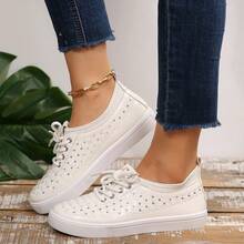 Women's Rhinestone Decorated White Sneakers Lace-Up Casual Skate Shoes Daily Commute Jeans Matching Fashion Shoes - White - View 3