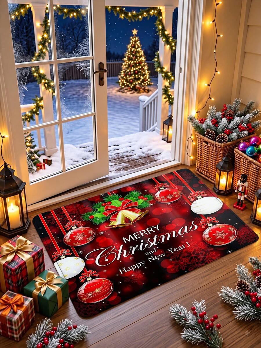 1pc 3D Anti-Slip Christmas Bell & Colorful Ball Floor Mat, Christmas Blessing Holiday Decor Essential, Suitable For Entryway, Study, Bedside, Floor Mat, Outdoor, Easy To Clean, Anti-Slip, Quick Dry, All Season Use, Washable