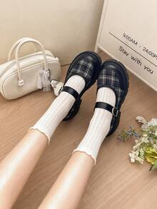 NZNF 1 Pair Houndstooth Preppy Style PU Leather Buckle Wedge Thick Sole Loafers For Women, Office Wear, All Seasons - Black - View 11
