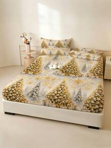 1PC Gold Christmas Tree Print Fitted Sheet (Fitted Sheet Only, No Pillowcase), Soft Bedroom Bedding, Suitable For Bedroom, Guest Room, School Dormitory, Easy To Remove And Machine Washable All Season Mattress Protector, Perfect Christmas Gift For Parents And Friends - Multicolor - View 6