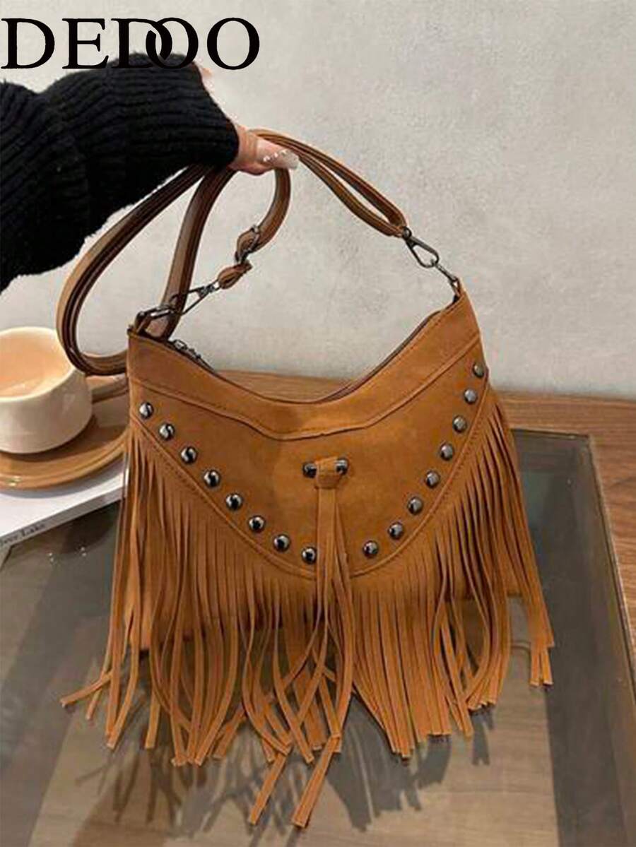 Dedoo Women's Shoulder Crossbody Bag,Crescent Underarm Bag,Suede Material,Rivet Fringe Detachable Strap,Portable Storage,For Vacation Girls Autumn Winter