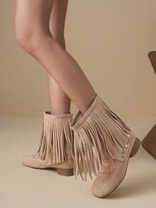 Women's Ankle Boots & Ankle Boots <Removable Hidden Heel Two-Way Wear Tassel Western Style Women's Ankle Boots> - Apricot - View 2