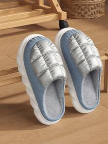 Men's Down Fabric Thick Sole Indoor Slippers, Fleece Lining Warm Winter House Shoes - Blue-grey - View 5