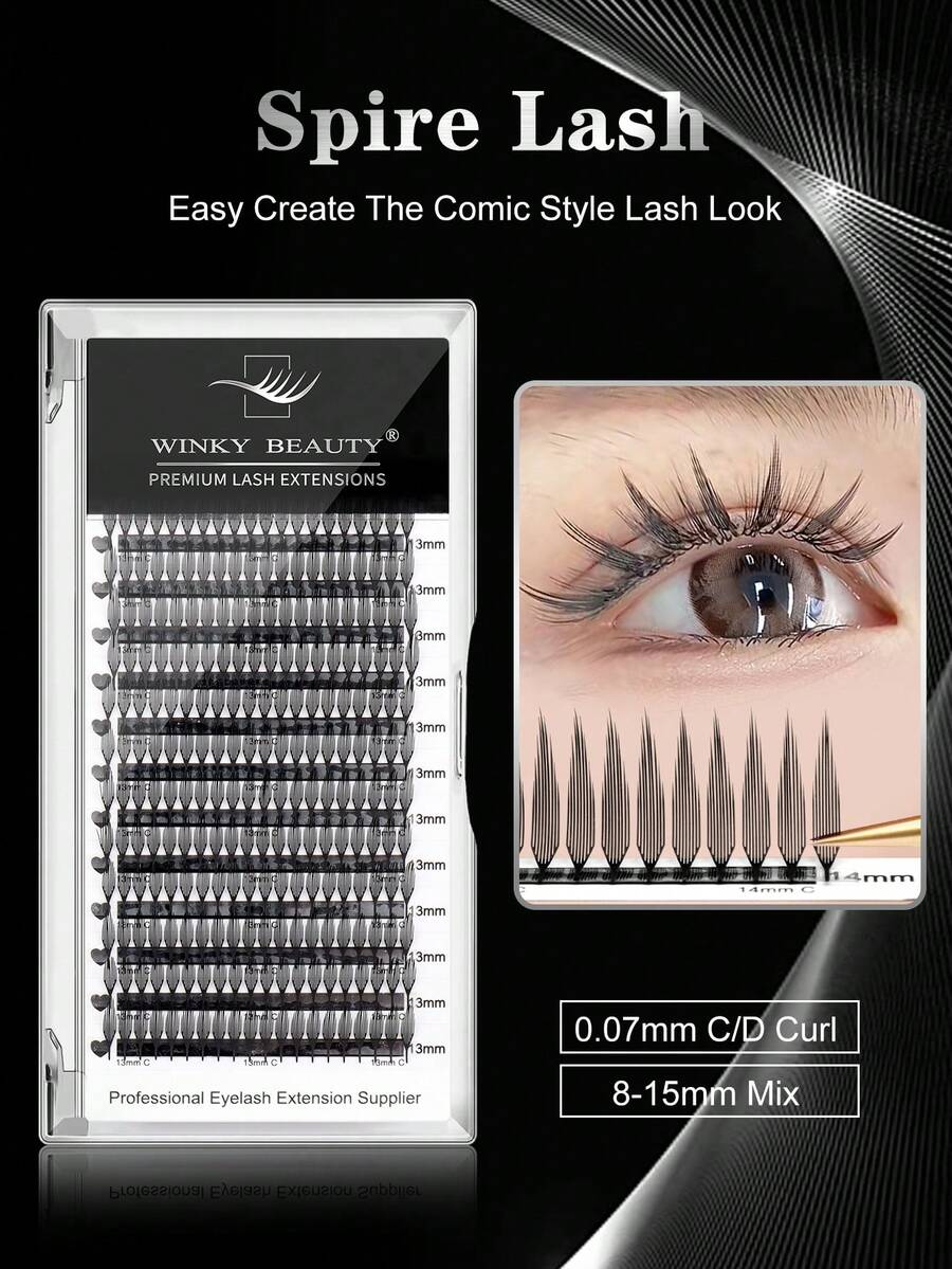 Winky Beauty Spire Lashes, Premade Fans, Individual False Eyelashes 0.07mm, Anime Lashes, Manga Lashes, Auto Blooming Lashes, Wispy Lashes, Sharp Lashes, Cosplay Lashes 8-15mm