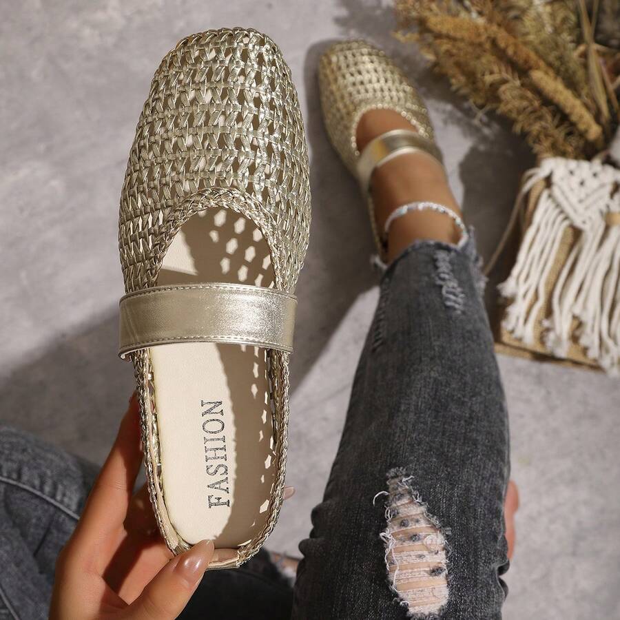 Women's Breathable Hollow Woven Metallic Square Toe Single Strap Low Heel Mule Shoes, French Vacation Style, Spring/Summer, Gold Faux Leather Mary Jane Slip-On Sandals - Gold - View 1