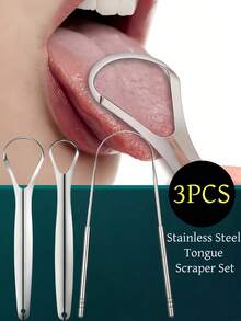 3pcs Stainless Steel Tongue Scraper Set, Remove Tongue Coating, Reduce Bad Breath, Oral Hygiene Tools, Easy-To-Use Oral Cleaning Kit Including Tongue Brush, Toothbrush, Dental Floss And Other Cleaning Tools - Silver - View 2