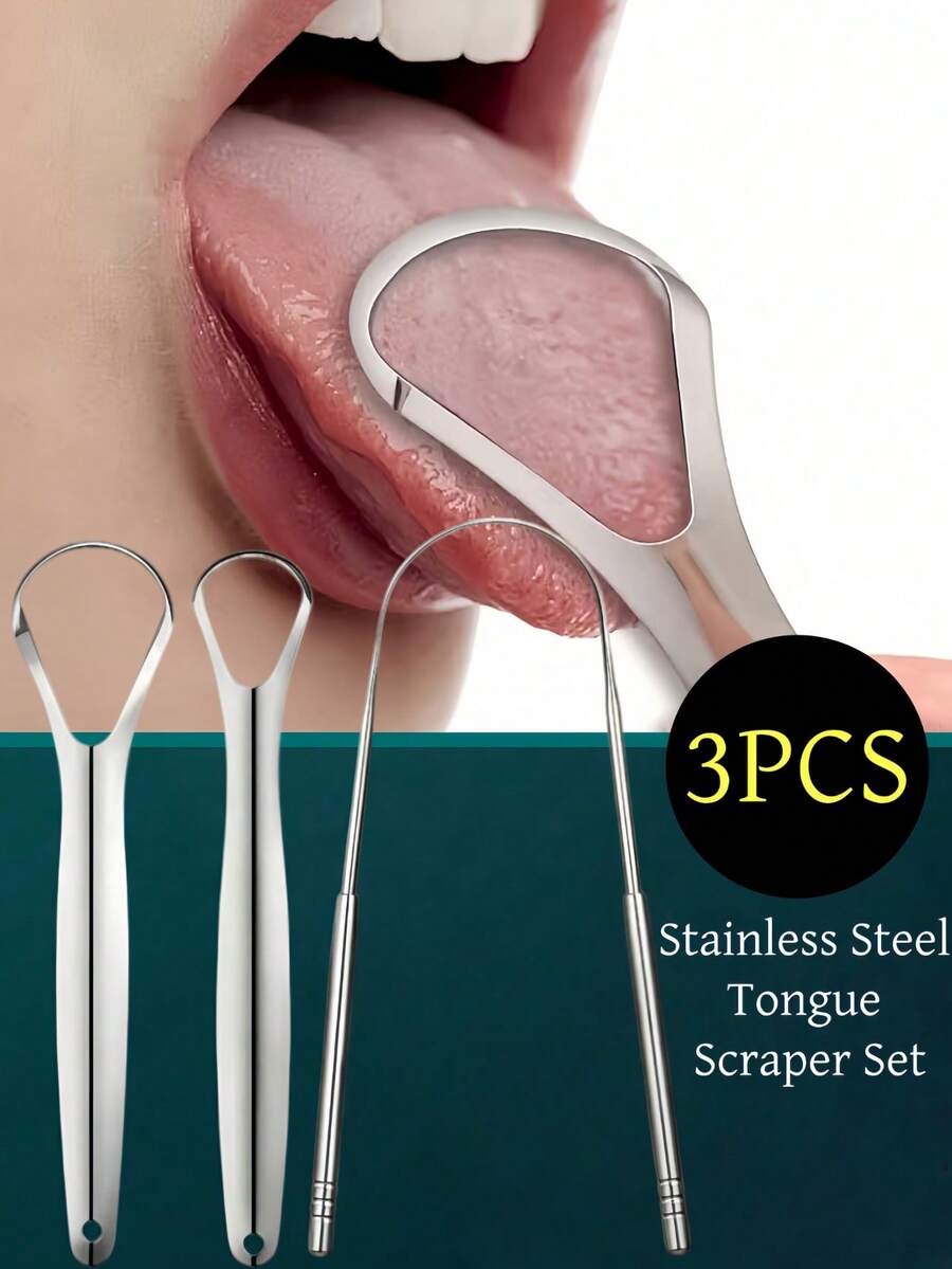 3pcs Stainless Steel Tongue Scraper Set, Remove Tongue Coating, Reduce Bad Breath, Oral Hygiene Tools, Easy-To-Use Oral Cleaning Kit Including Tongue Brush, Toothbrush, Dental Floss And Other Cleaning Tools