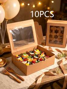 1/12pcs Kraft 12-Cupcake Paper Boxes With Clear View Window & Holder Insert, Foldable Dessert Gift Box For Home Baking, Birthday, Wedding Party - View 8