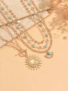 4pcs/Set Bohemian Turquoise Sun Pendant With Round Coin Chain Decoration Layered Necklace Fashionable Women's Neck Jewelry Suitable For Daily Wear, Dating, Vacation And Travel - Multicolor - View 3