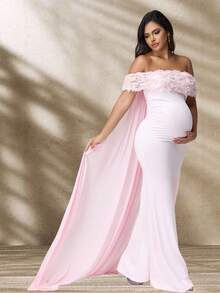 JustVH Maternity Floral Off-Shoulder Dress, Suitable For Baby Shower, Mesh Cape-Style Long Dress, Can Be Used As Photography Prop Spring Pink Fall - Pink - View 4
