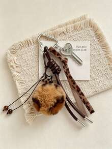 1PC Vintage Brown & Green Colorblock Pom Pom Bag Charm, Leopard Print Woven Strap Retro Key Pendant With Carabiner Backpack Accessory - Multicolor - View 9
