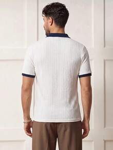 Voidago Men's Summer Jacquard Textured Contrast Color Half-Zip Polo Shirt, Casual Minimalist Urban Mature British Gentleman Style, Smart Casual - White - View 2