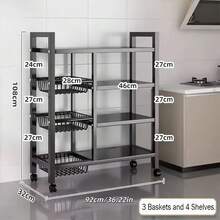 4-Layer Heavy-Duty Metal Kitchen Storage Rack With Wheels, Kitchen Fruit Basket, Kitchen Trolley, Kitchen Storage Organizer, Removable Basket With Wheels, Kitchen Fruit And Vegetable Organizer Rack Storage Truck - Black - View 4