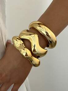 3pcs/Set Fashionable Minimalist Elegant Exquisite Vintage Design Geometric Ribbon Wave Smooth Surface Minimalist Plain Band CCB Metal Style Exaggerated Wide Chunky Bracelets Set, Holiday Vacation Party Date Gift, Daily Commute Wear, Personalized - Yellow Gold - View 1
