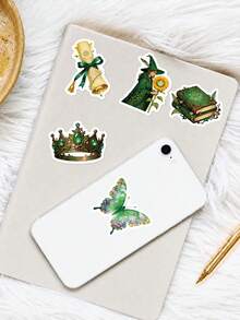 56Pcs Green Forest Magical Witch Mixed Stickers, Fresh Watercolor Texture, Fantasy Patterns Including Magic Carriages, Deer Antler Spirits, Ancient Spell Books And Flower Butterflies, For Laptop, Helmet, Guitar, E-Bike Shell Decoration - Multicolor - View 6