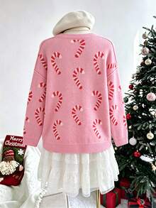 Plus Size Women's Christmas Candy Cane Jacquard Knit Sweater, Round Neck Drop Shoulder Loose Fit Casual Holiday Pullover For Autumn/Winter - Pink - View 2