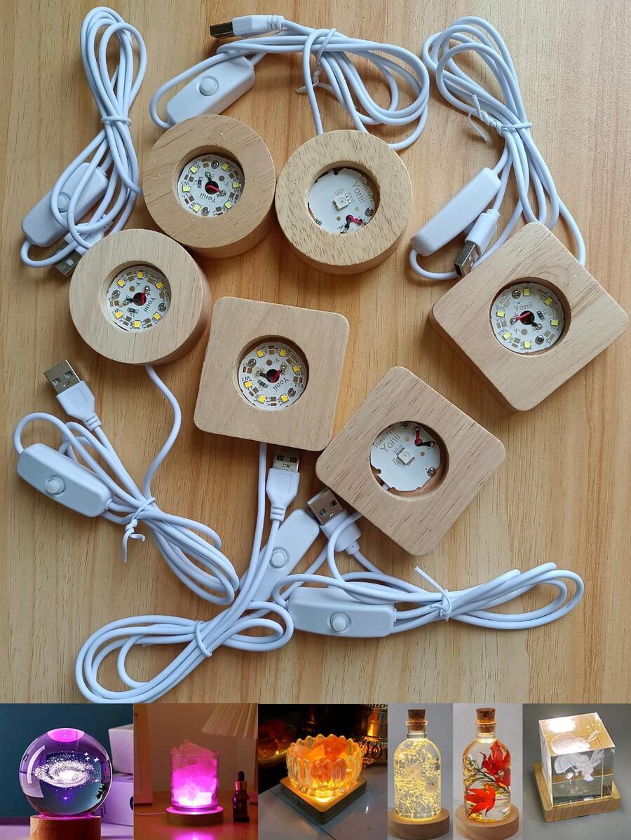 2 Buah Lampu Malam LED 6CM, Alas Lampu LED Kayu Solid, Lampu Malam Dekorasi Meja, Antarmuka USB, Cocok untuk Kaca, Bola Kristal, Resin, Dekorasi DIY. Dapat Diberikan Sebagai Hadiah - Dudukan kayu USB - View 1