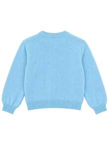 Women's Winter Solid Color Loose Knit Cardigan, Round Neck Lantern Sleeve Button-Up Sweater, Elegant Fashion Date & Commute Outerwear - Blue - View 7