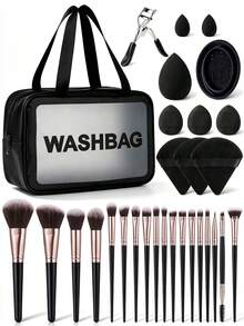 18/30PCS Black Handle Rose Gold Ferrule All-In-One Makeup Tools Set Cosmetic Brushes Multi Shape Black Beauty Sponges Triangle Velvet Powder Puffs Eyelash Curler Silicone Cleaner Bowl Black Transparent WASHBAG Storage Bag Daily Travel Makeup Kit - Black - View 12