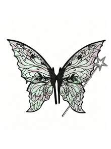 Fairy Costume Set, Butterfly Wing Flowing Dress With Star Wand Prop, Halloween Role Play Party Outfit, Transparent Mesh Butterfly Wings - Multicolor - View 17
