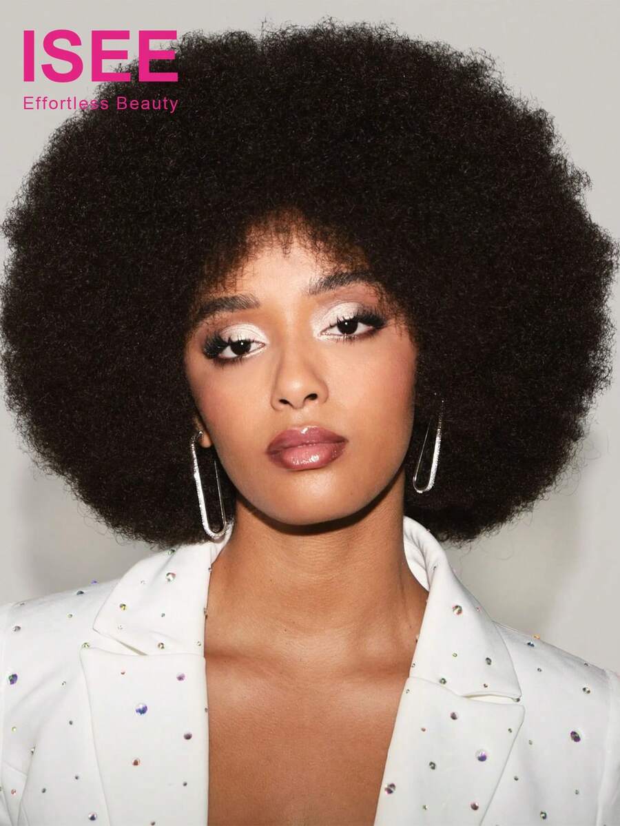 ISEE Tóc giả nữ ngắn màu đen kiểu xoăn xù mềm bồng bềnh, tóc thật người, cắt pixie Afro, mật độ 200%, không cần keo, làm hoàn toàn bằng máy - SNatural - Xem 1