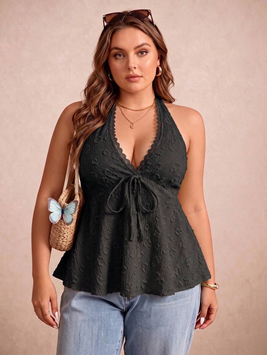 Rusttydustty Plus Size Women Textured Front Tie Halter Neck Top Black Summer - Black - View 1