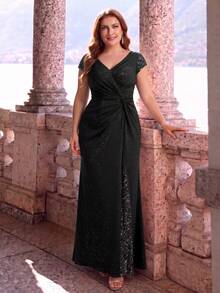 EVERPRETTY Luxury Black Plus Size Formal Evening Gown, V-Neck Pleated Bodice Design With Sequin Patchwork Party Wedding Fall - Black - View 7