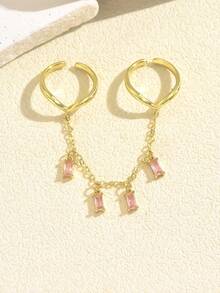 1pc Exquisite Light Luxury Vintage Style Copper Chain Rectangular Colorful Zirconia Open Ring For Women Evening Party Date Gathering Light Dress Accessory - Multicolor - View 7