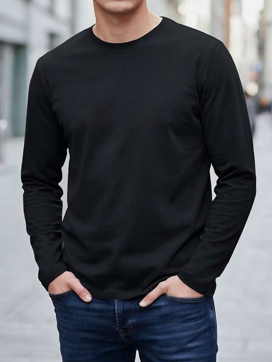 New Men's Casual Versatile Atmosphere Crew Neck Long Sleeve T-Shirt - Black - View 1