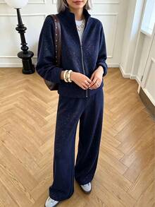 Women's Casual Hooded Sweatshirt And Wide Leg Pants 2 Pieces Set, Autumn Lounge Sets For Women - Navy - View 2