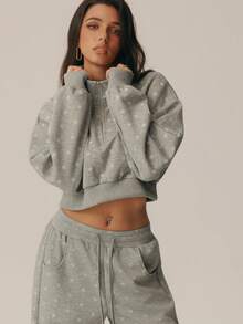 Women's Heather Grey Tonal Polka Dot Quarter Zip Mock Neck Sweatshirt Drop Shoulder Cropped Ribbed Hem Casual Yoga Gym Workout Outerwear - Light Grey - View 5